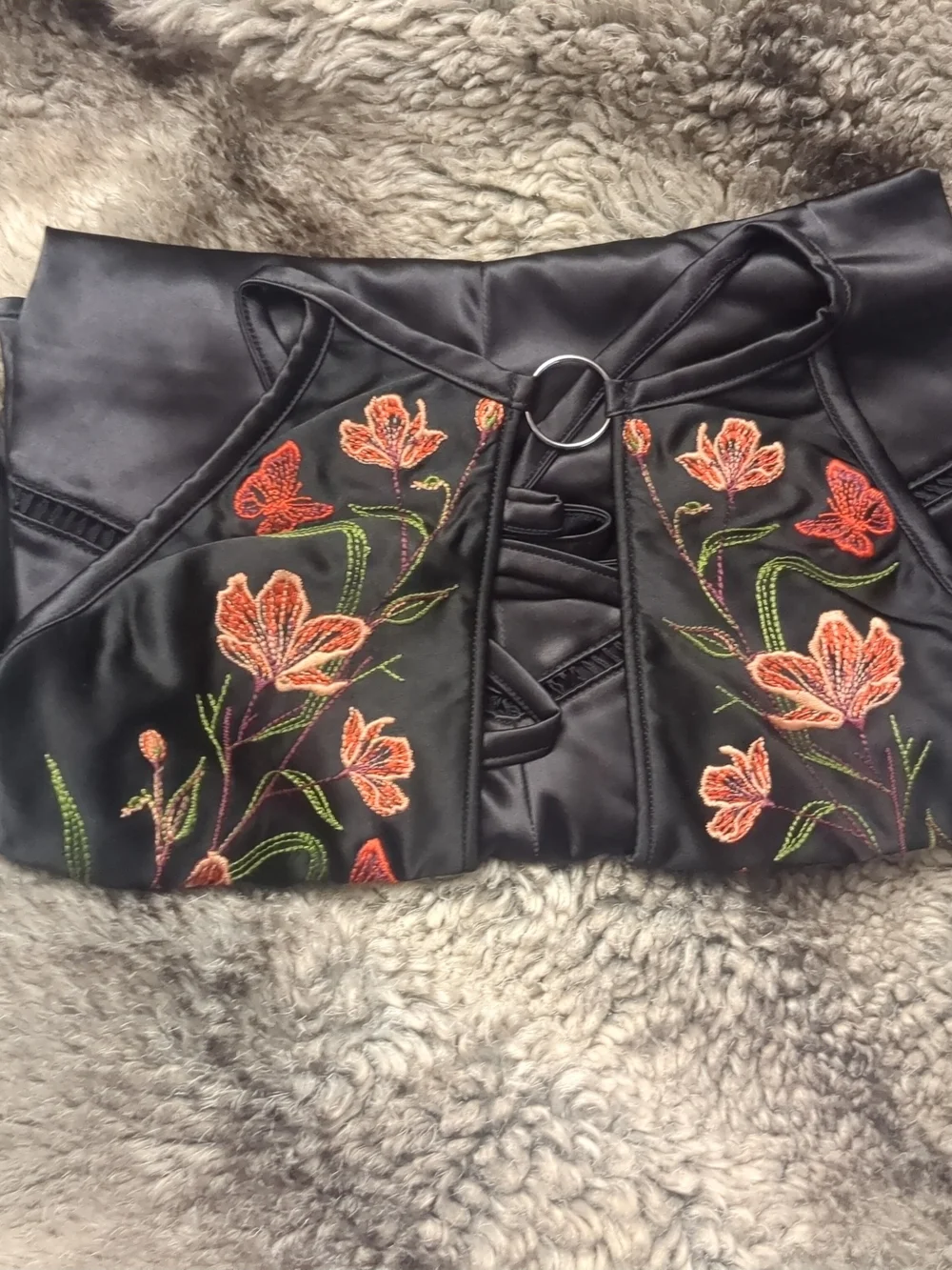 Thistle and Spire Black Satin Halter Romper with Pink Floral Embroidery